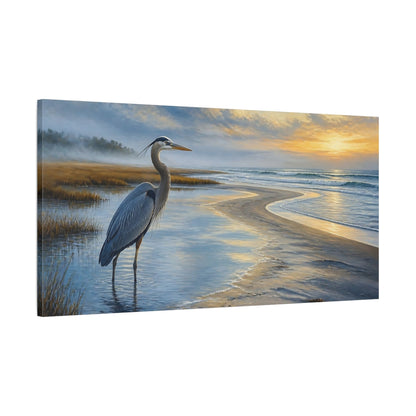 Main Mockup. Coastal Heron At Sunrise shown as canvas print