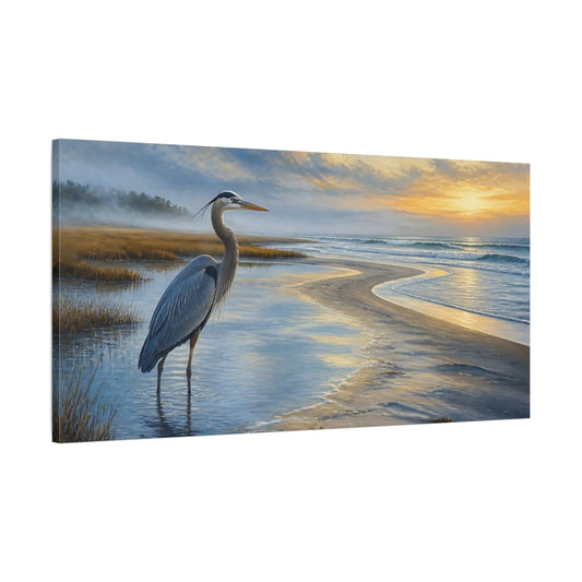 Main Mockup. Coastal Heron At Sunrise shown as canvas print