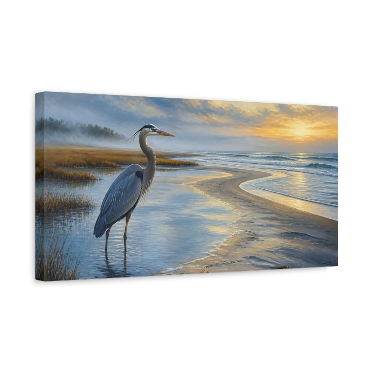 Side Mockup 3. Coastal Heron At Sunrise shown as canvas print