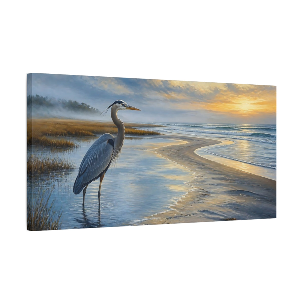 Side Mockup 1. Coastal Heron At Sunrise shown as canvas print