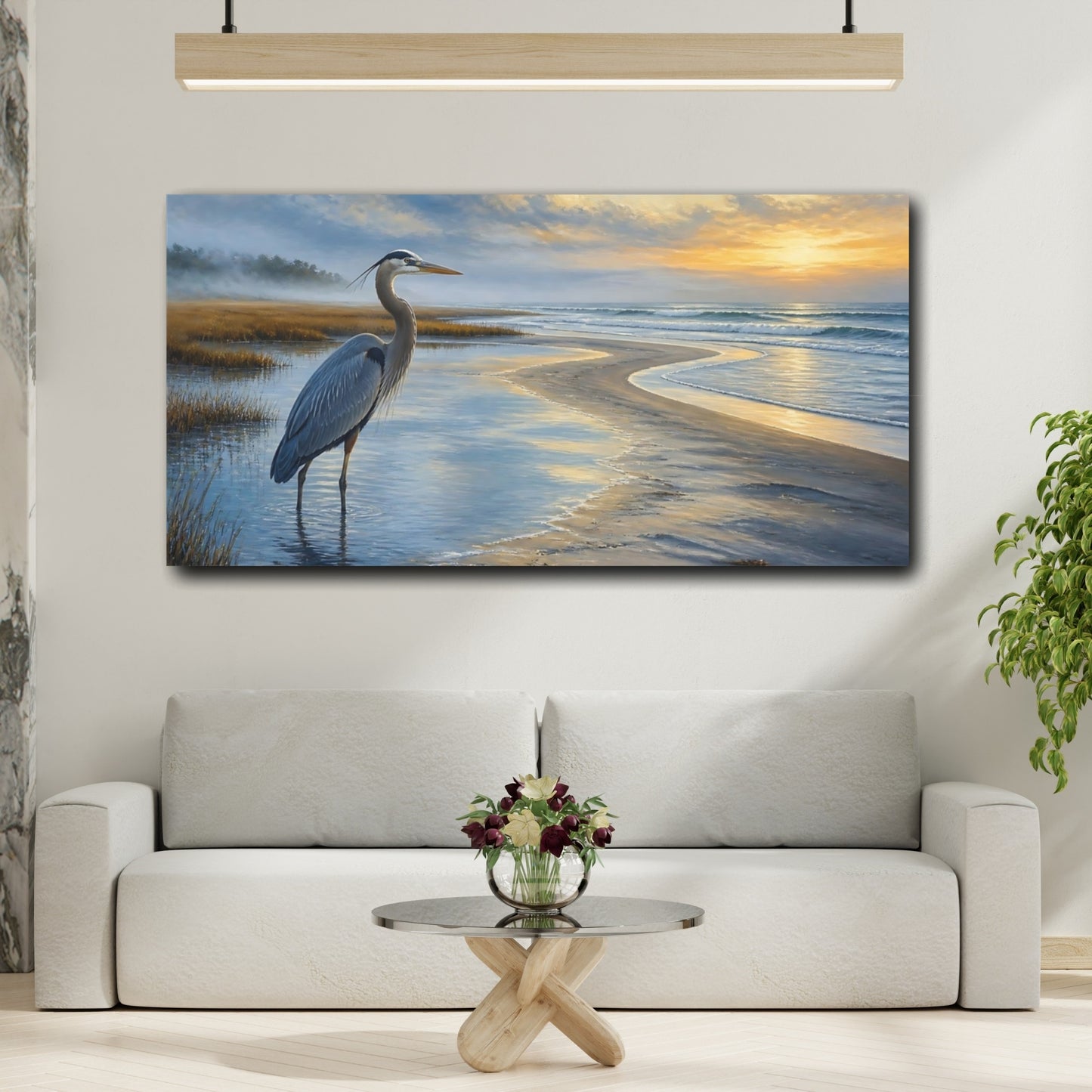 Mockup 2. Coastal Heron At Sunrise shown as canvas print