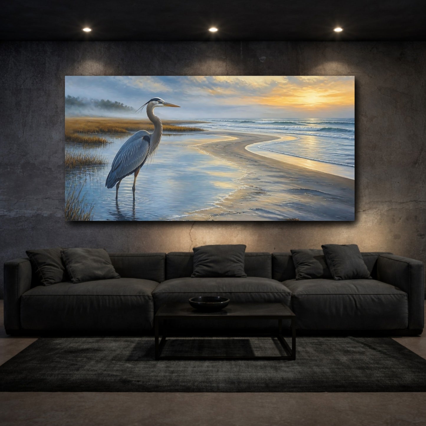 Mockup 3. Coastal Heron At Sunrise shown as canvas print