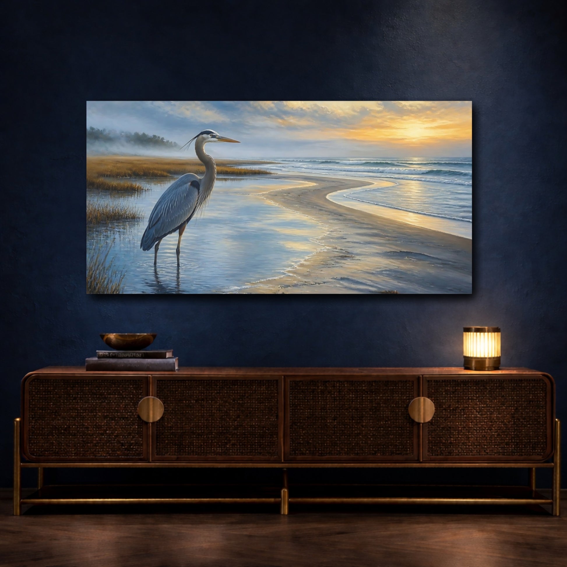 Mockup 4. Coastal Heron At Sunrise shown as canvas print
