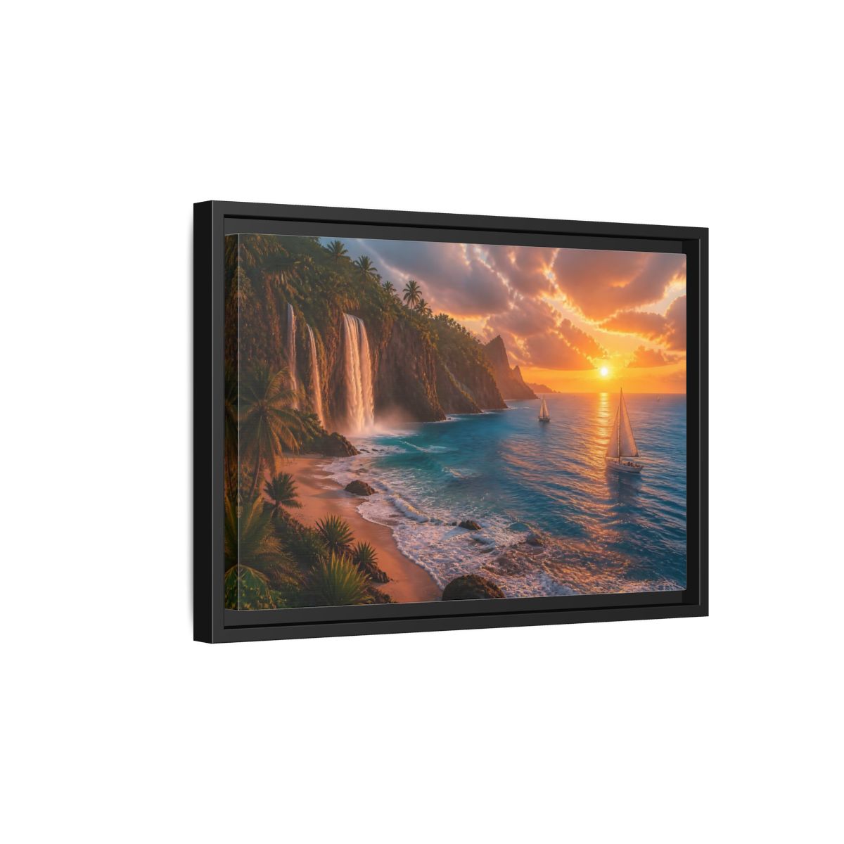 Side Mockup 6. Coastal Landscape With Waterfalls shown as framed canvas print