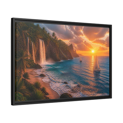 Side Mockup 14. Coastal Landscape With Waterfalls shown as framed canvas print