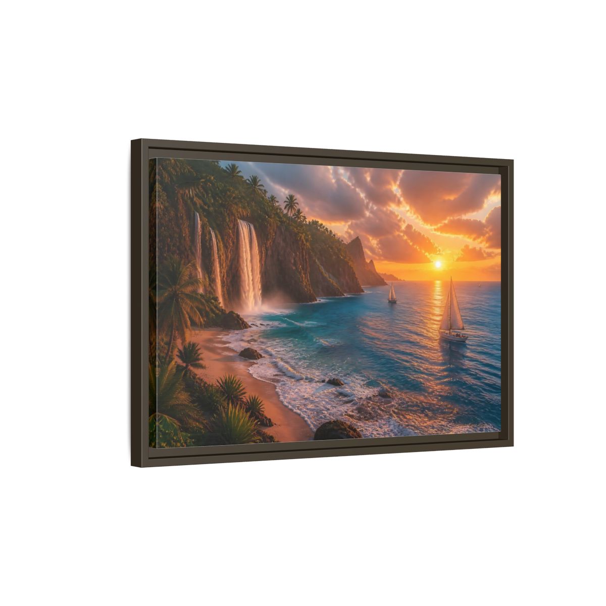Side Mockup 2. Coastal Landscape With Waterfalls shown as framed canvas print