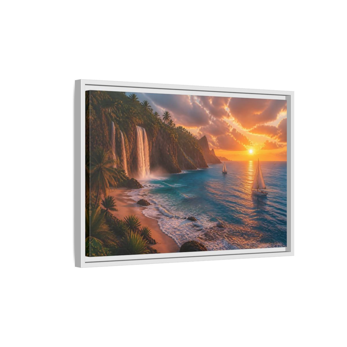 Side Mockup 1. Coastal Landscape With Waterfalls shown as framed canvas print