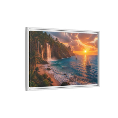 Side Mockup 1. Coastal Landscape With Waterfalls shown as framed canvas print