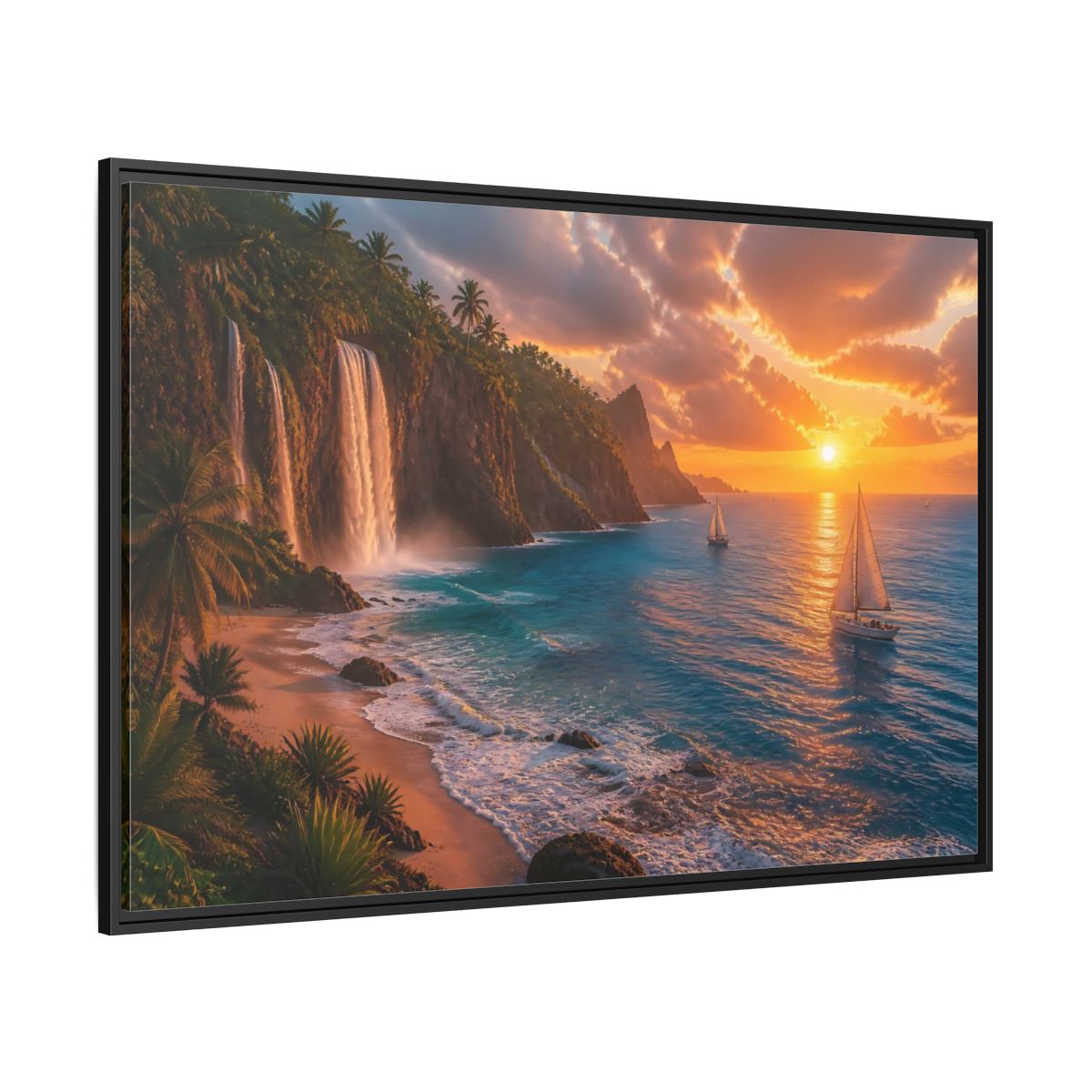Side Mockup 12. Coastal Landscape With Waterfalls shown as framed canvas print