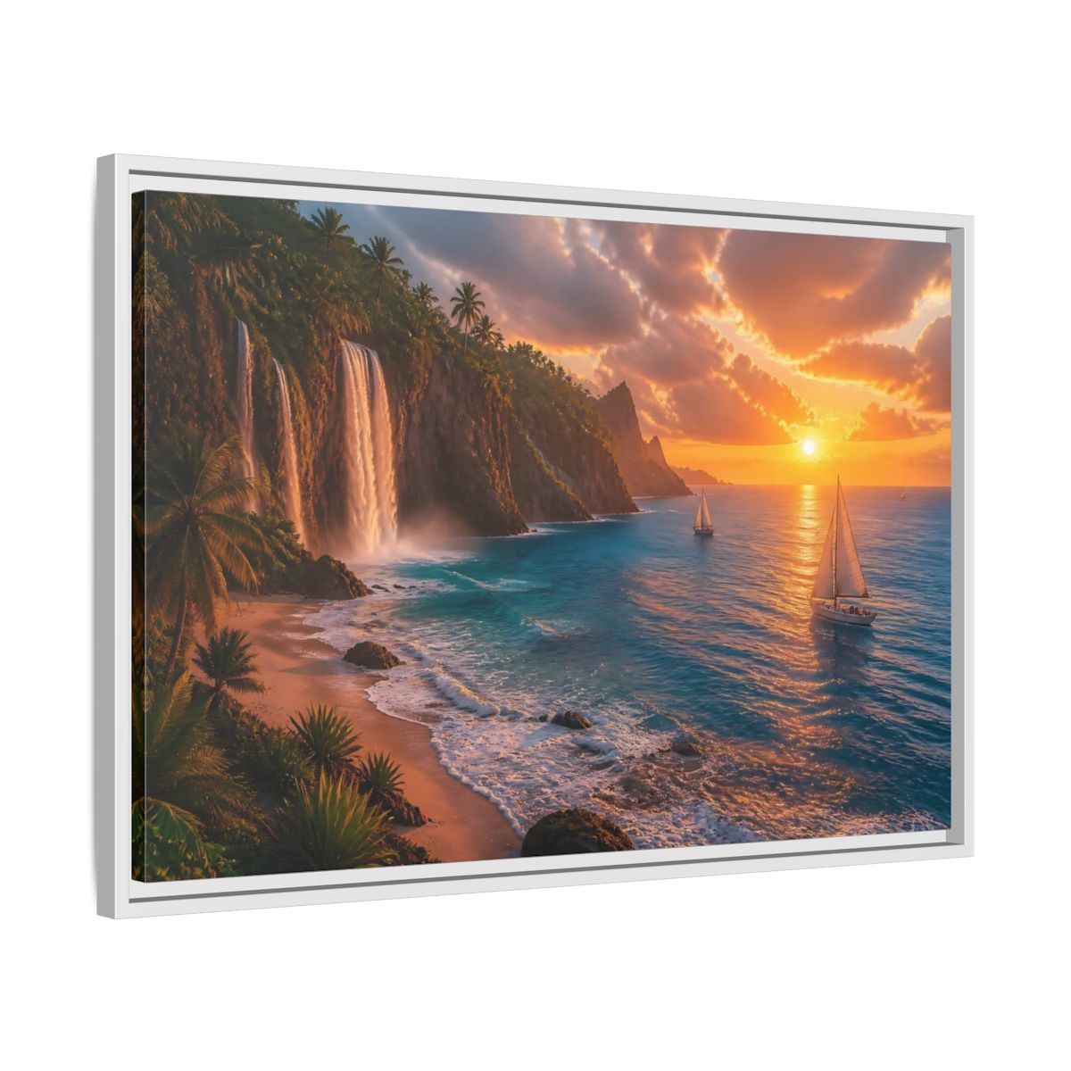 Side Mockup 10. Coastal Landscape With Waterfalls shown as framed canvas print