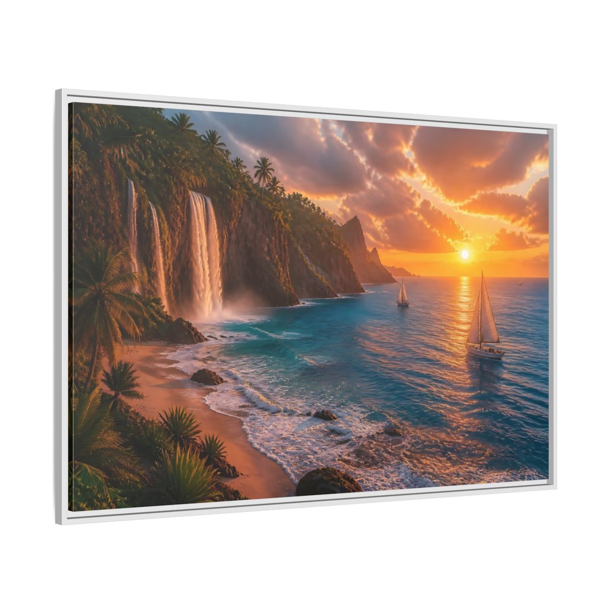 Side Mockup 7. Coastal Landscape With Waterfalls shown as framed canvas print