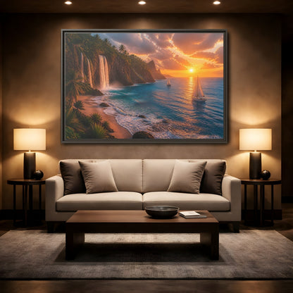 Mockup 2. Coastal Landscape With Waterfalls shown as framed canvas print