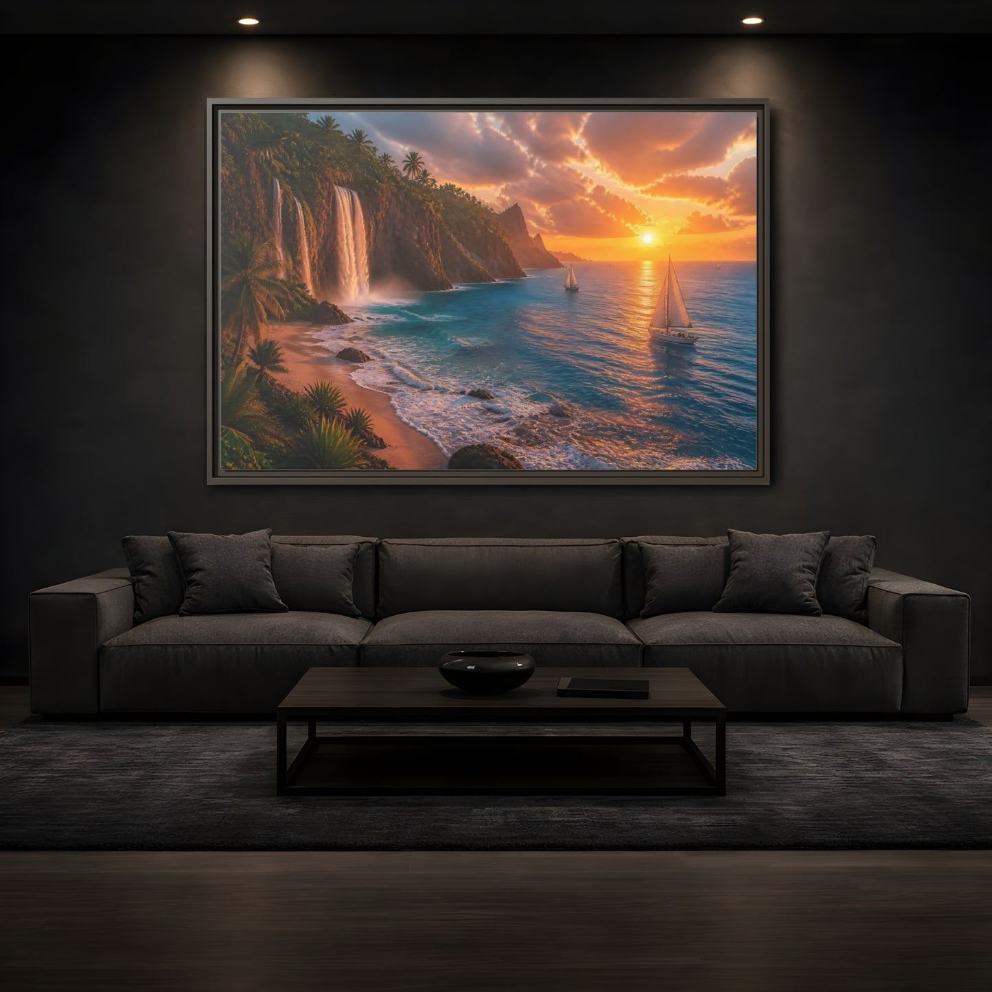 Mockup 3. Coastal Landscape With Waterfalls shown as framed canvas print