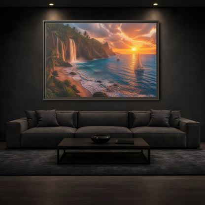 Mockup 3. Coastal Landscape With Waterfalls shown as framed canvas print