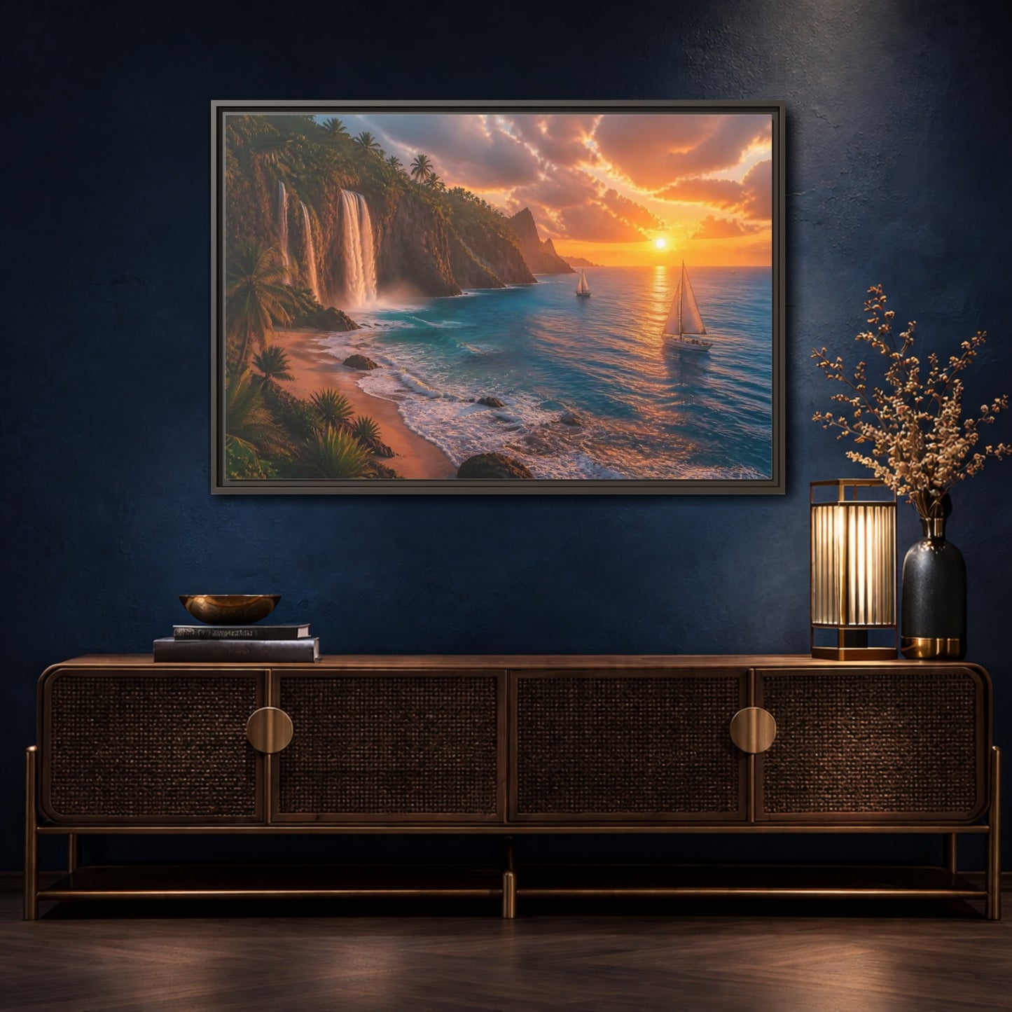 Mockup 4. Coastal Landscape With Waterfalls shown as framed canvas print