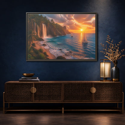 Mockup 4. Coastal Landscape With Waterfalls shown as framed canvas print