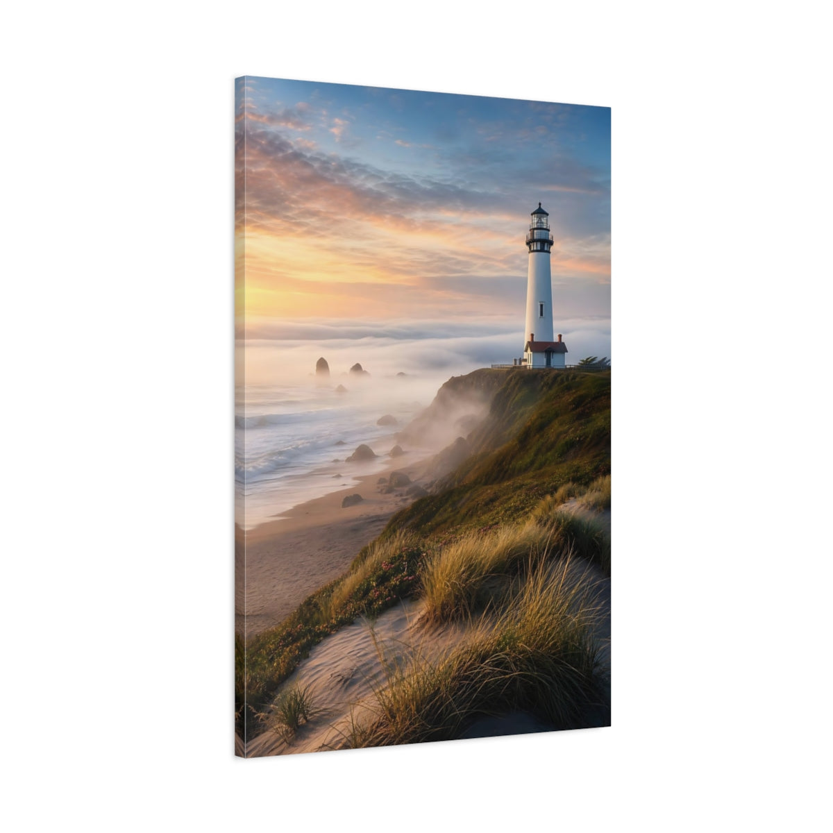 Main Mockup. Coastal Lighthouse At Sunset shown as canvas print