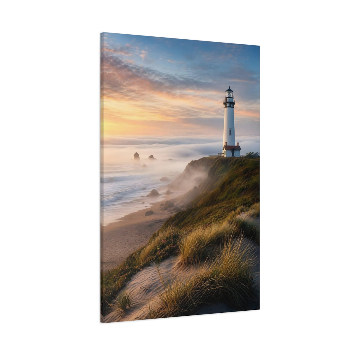 Side Mockup 1. Coastal Lighthouse At Sunset shown as canvas print