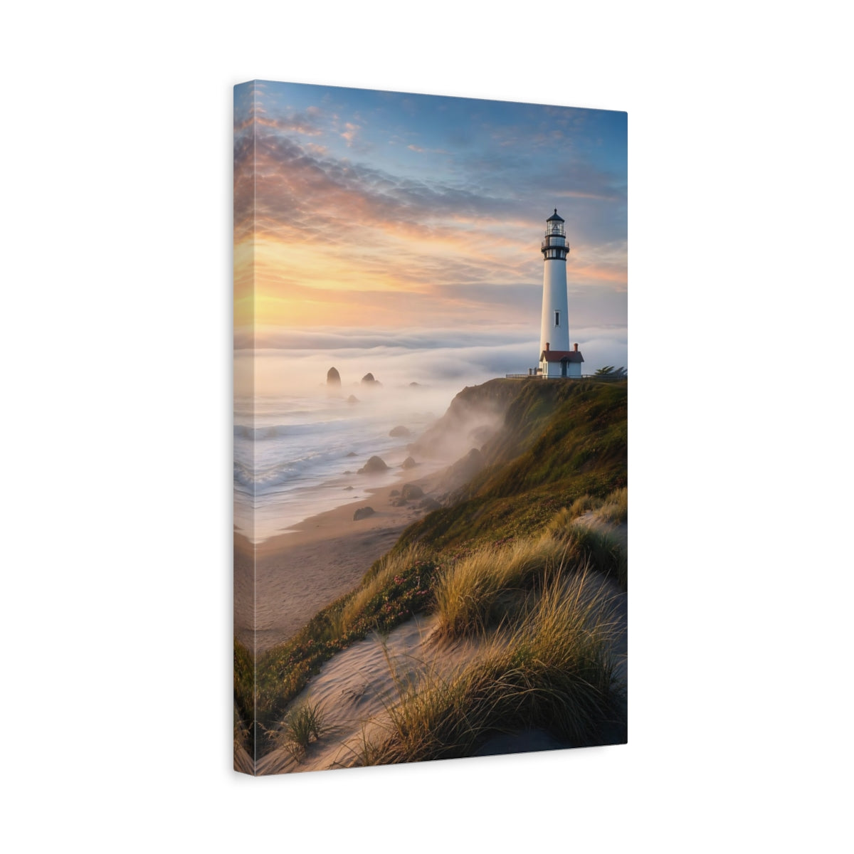 Side Mockup 4. Coastal Lighthouse At Sunset shown as canvas print