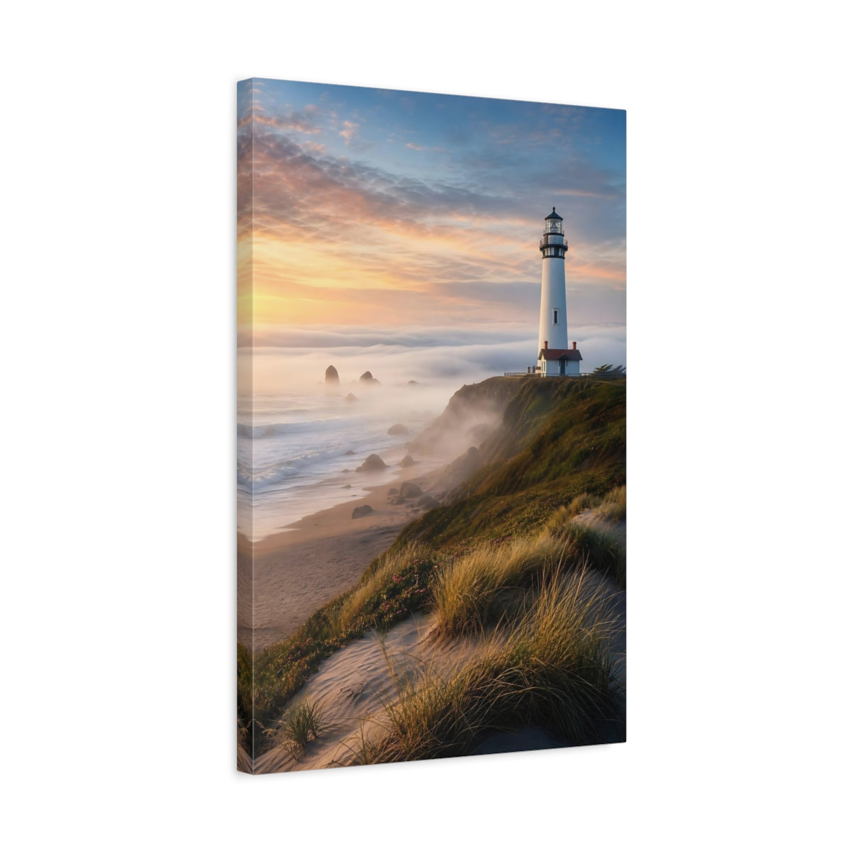 Side Mockup 3. Coastal Lighthouse At Sunset shown as canvas print