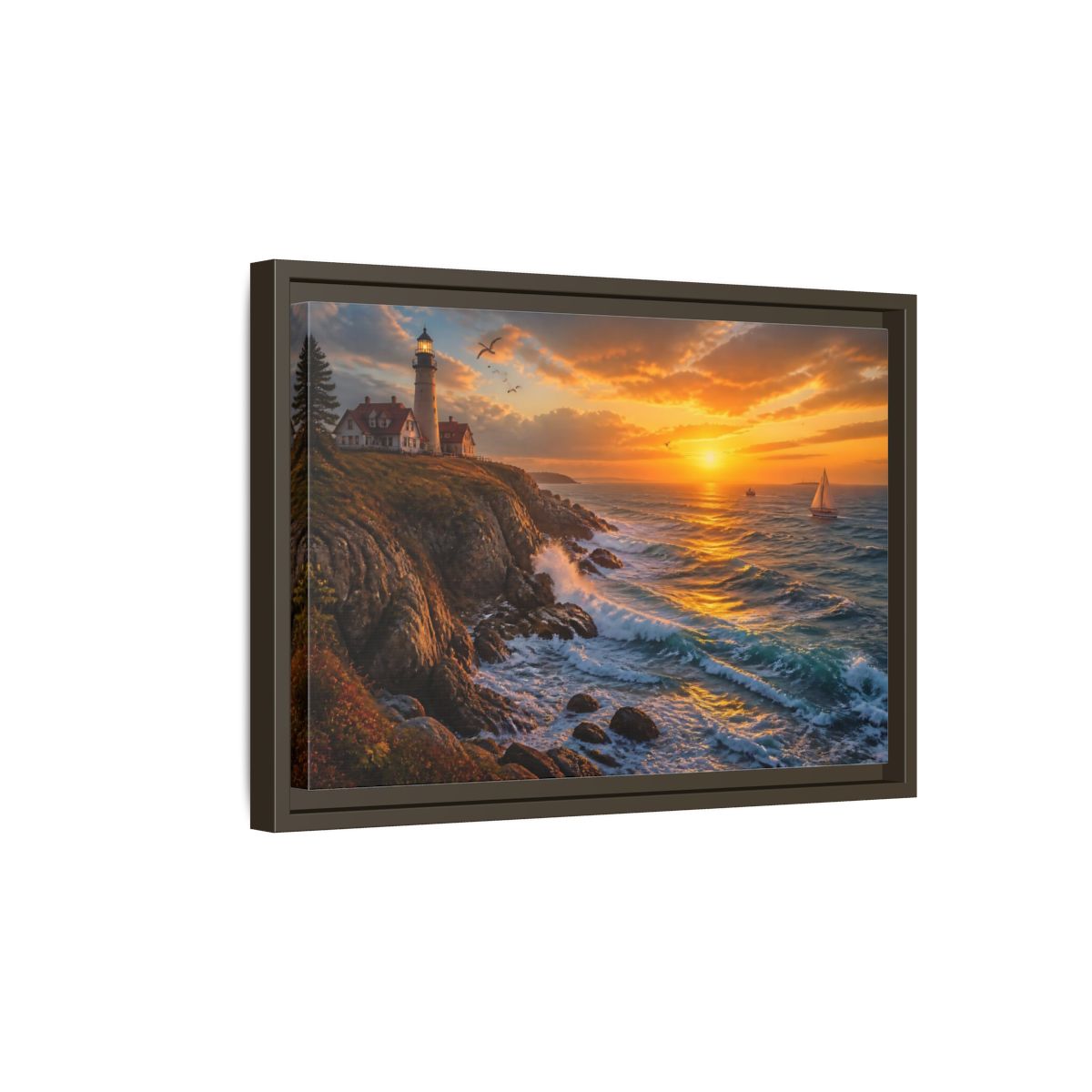 Side Mockup 5. Coastal Lighthouse At Sunset shown as framed canvas print