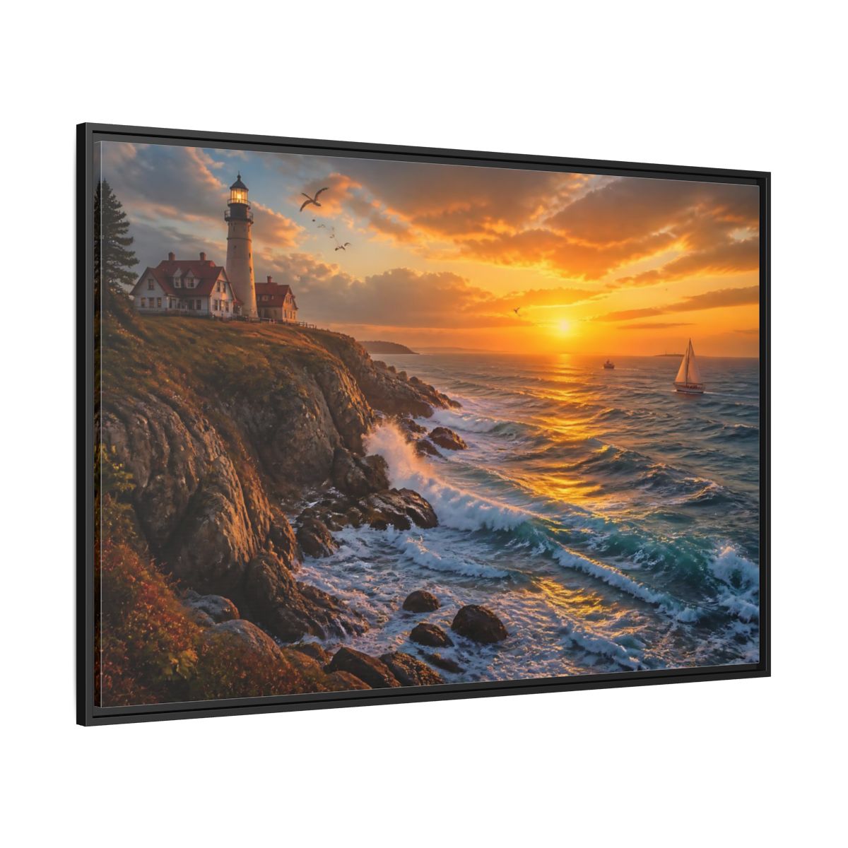 Side Mockup 12. Coastal Lighthouse At Sunset shown as framed canvas print