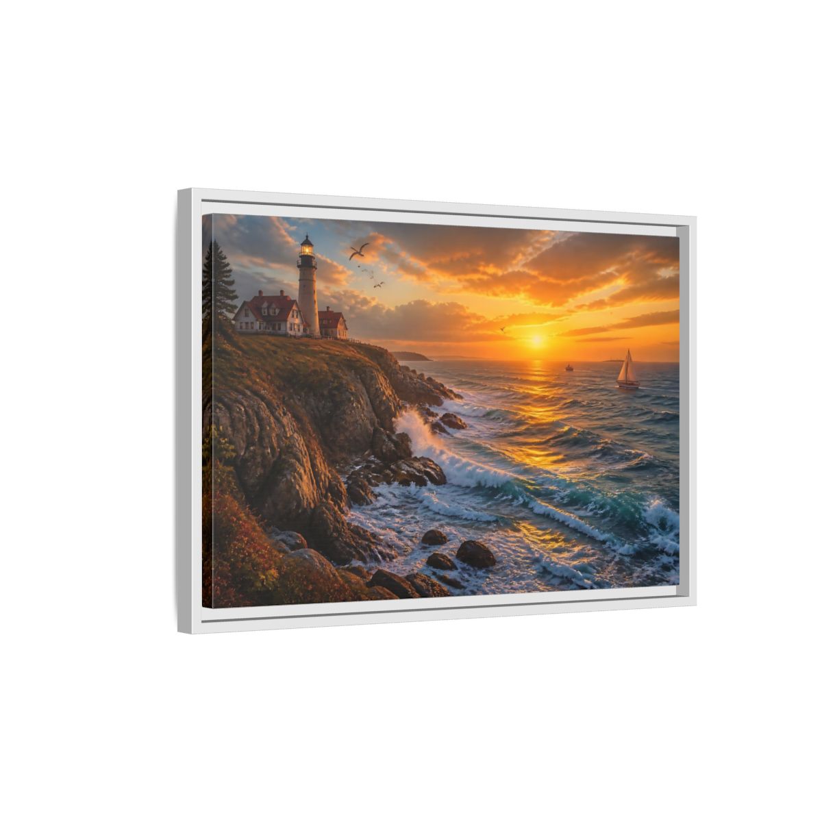Side Mockup 1. Coastal Lighthouse At Sunset shown as framed canvas print
