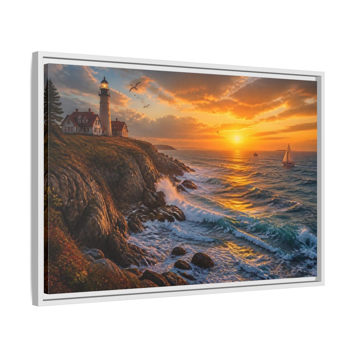 Side Mockup 10. Coastal Lighthouse At Sunset shown as framed canvas print