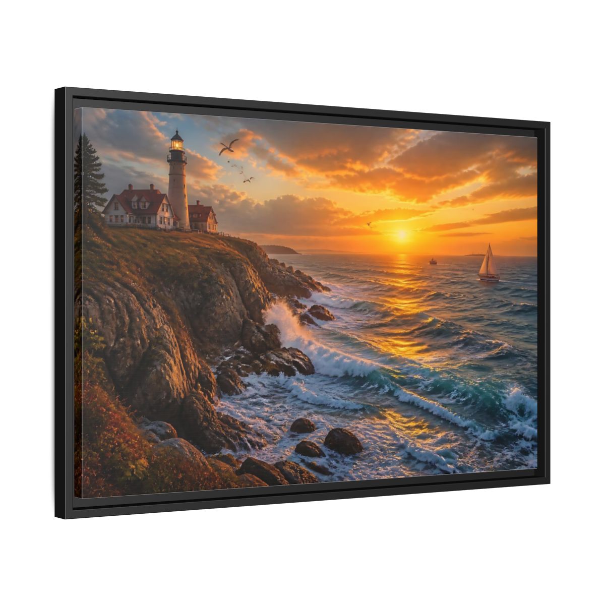 Side Mockup 14. Coastal Lighthouse At Sunset shown as framed canvas print