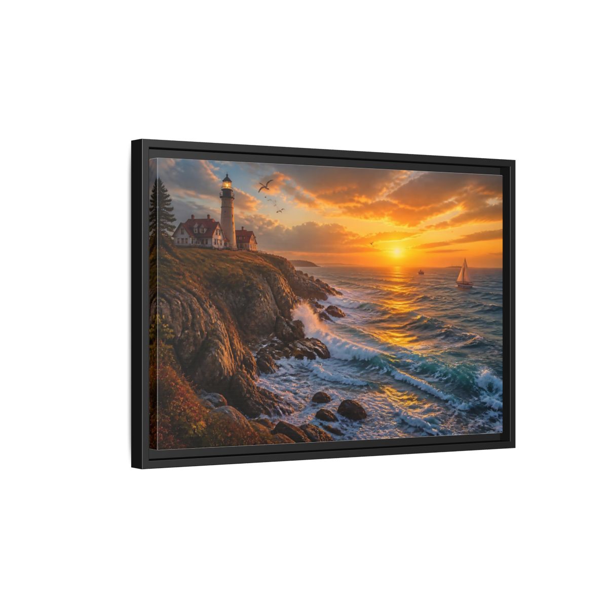 Side Mockup 3. Coastal Lighthouse At Sunset shown as framed canvas print