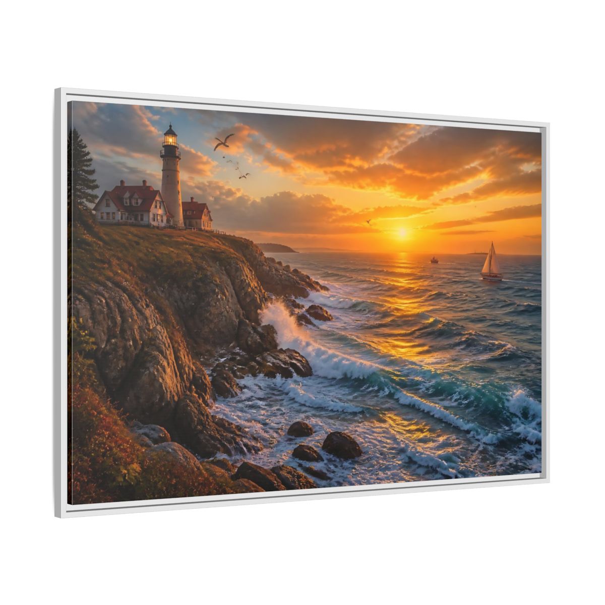 Side Mockup 7. Coastal Lighthouse At Sunset shown as framed canvas print