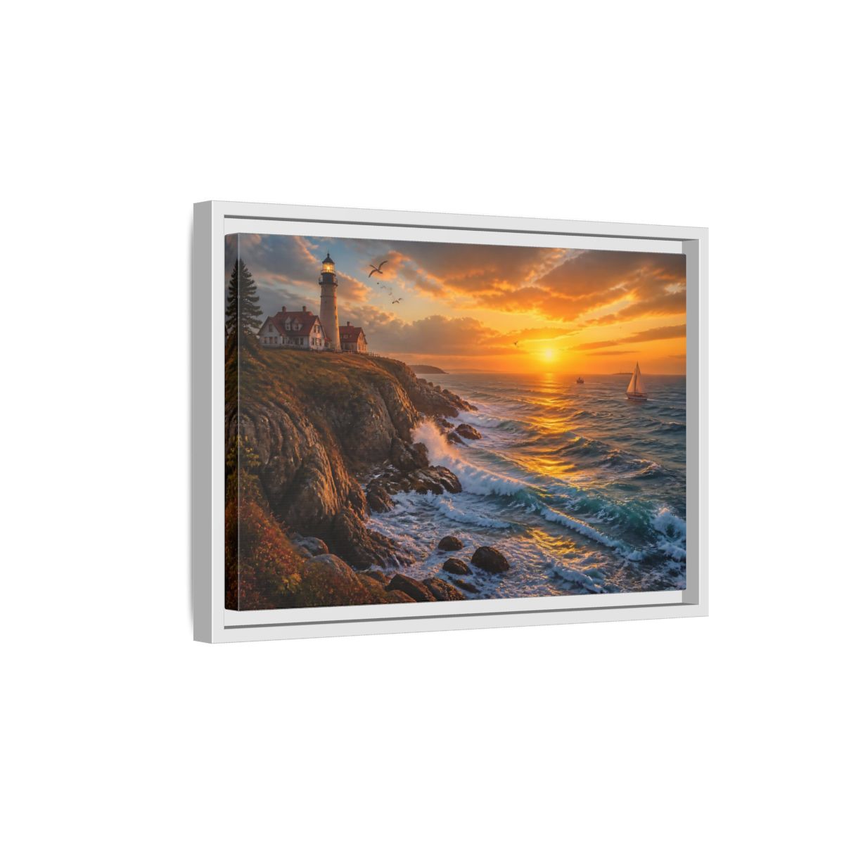 Side Mockup 4. Coastal Lighthouse At Sunset shown as framed canvas print