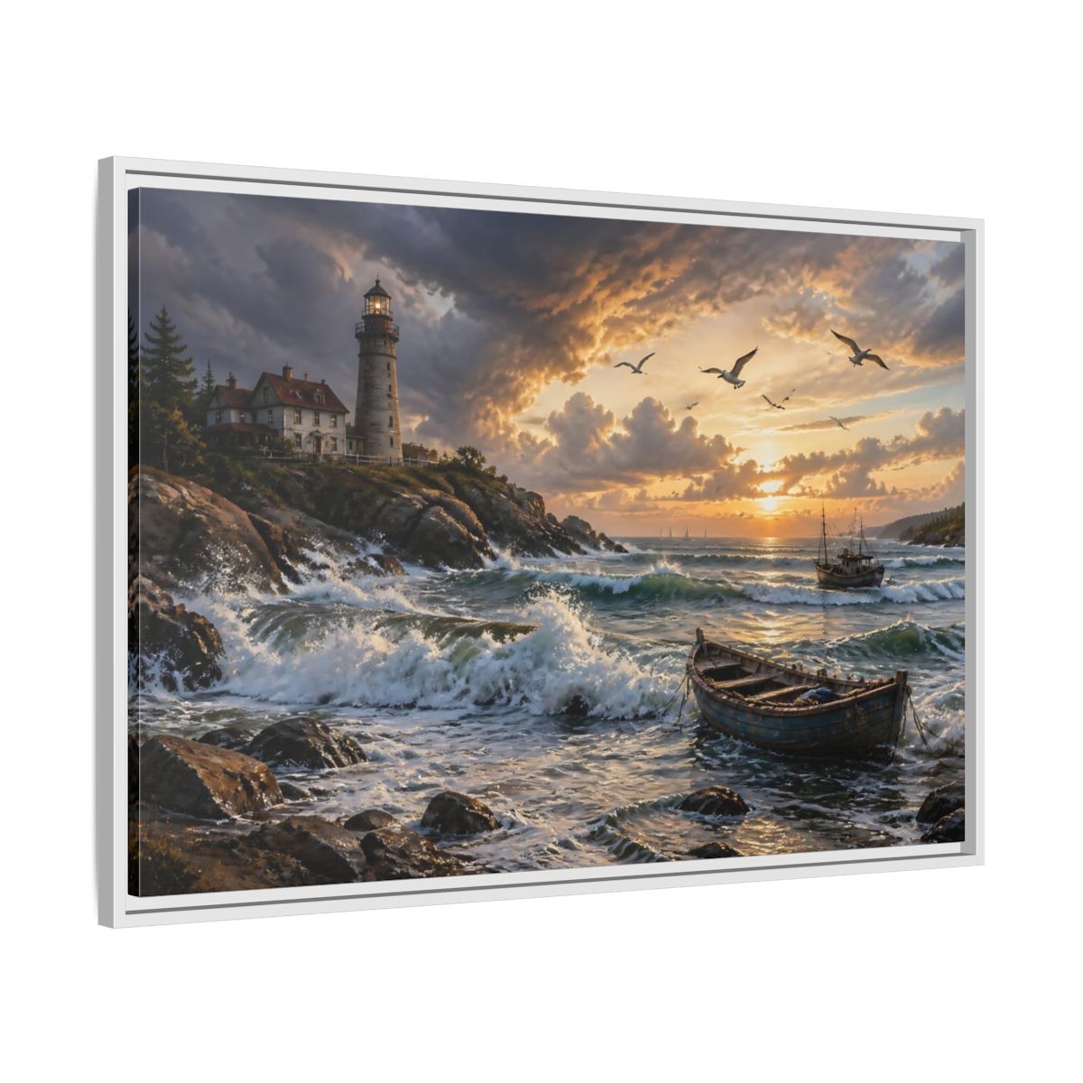 Side Mockup 9. Coastal Lighthouse At Sunset shown as framed canvas print