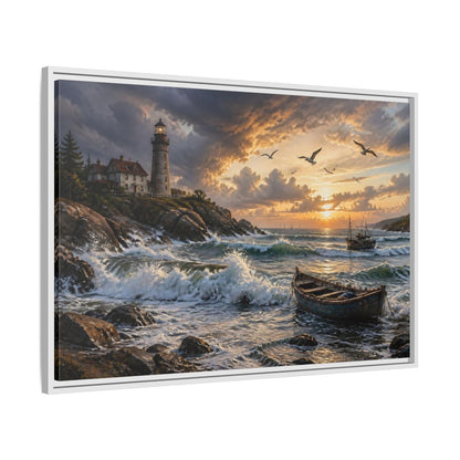 Side Mockup 9. Coastal Lighthouse At Sunset shown as framed canvas print