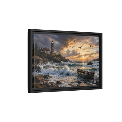 Side Mockup 6. Coastal Lighthouse At Sunset shown as framed canvas print
