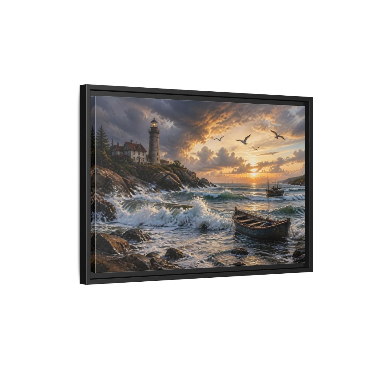 Side Mockup 3. Coastal Lighthouse At Sunset shown as framed canvas print