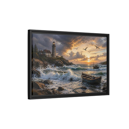 Side Mockup 3. Coastal Lighthouse At Sunset shown as framed canvas print