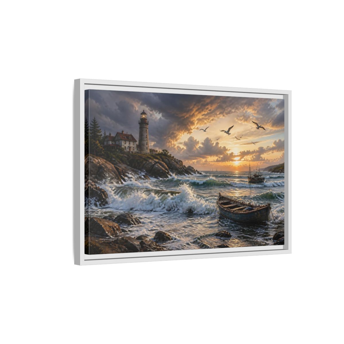Side Mockup 1. Coastal Lighthouse At Sunset shown as framed canvas print