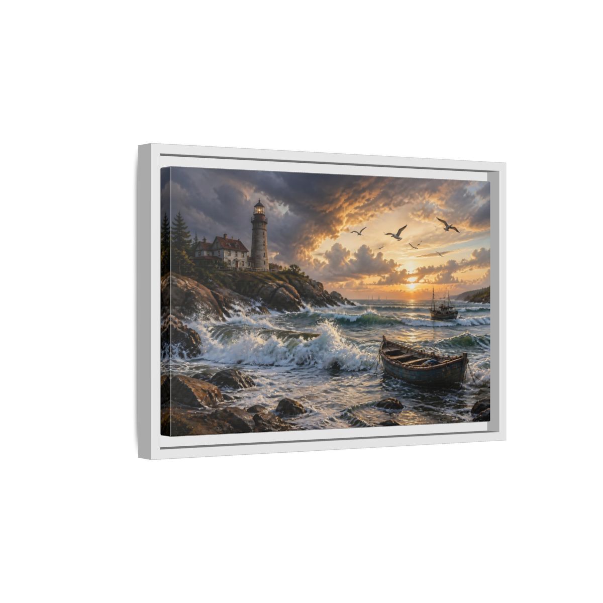 Side Mockup 4. Coastal Lighthouse At Sunset shown as framed canvas print