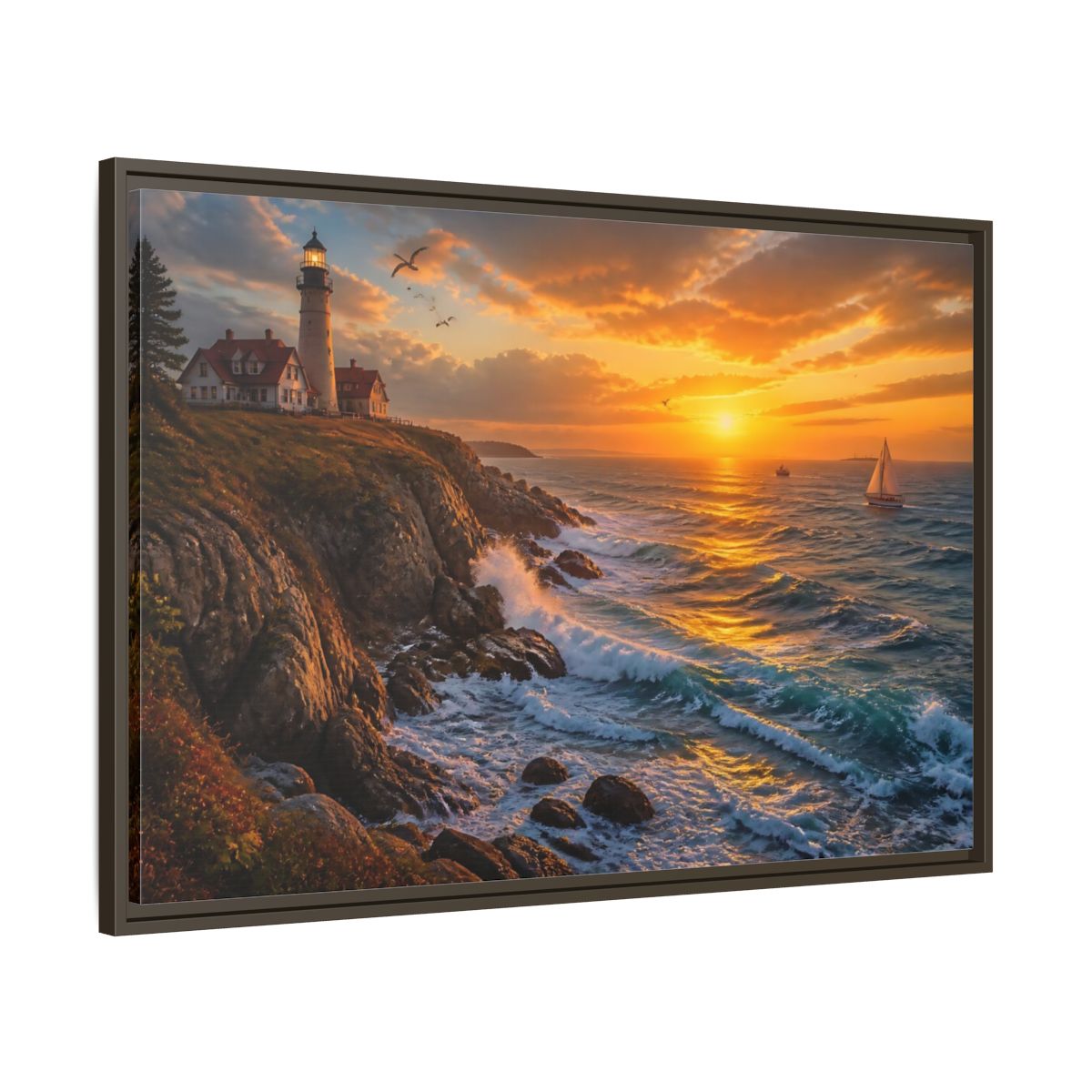 Main Mockup. Coastal Lighthouse At Sunset shown as framed canvas print