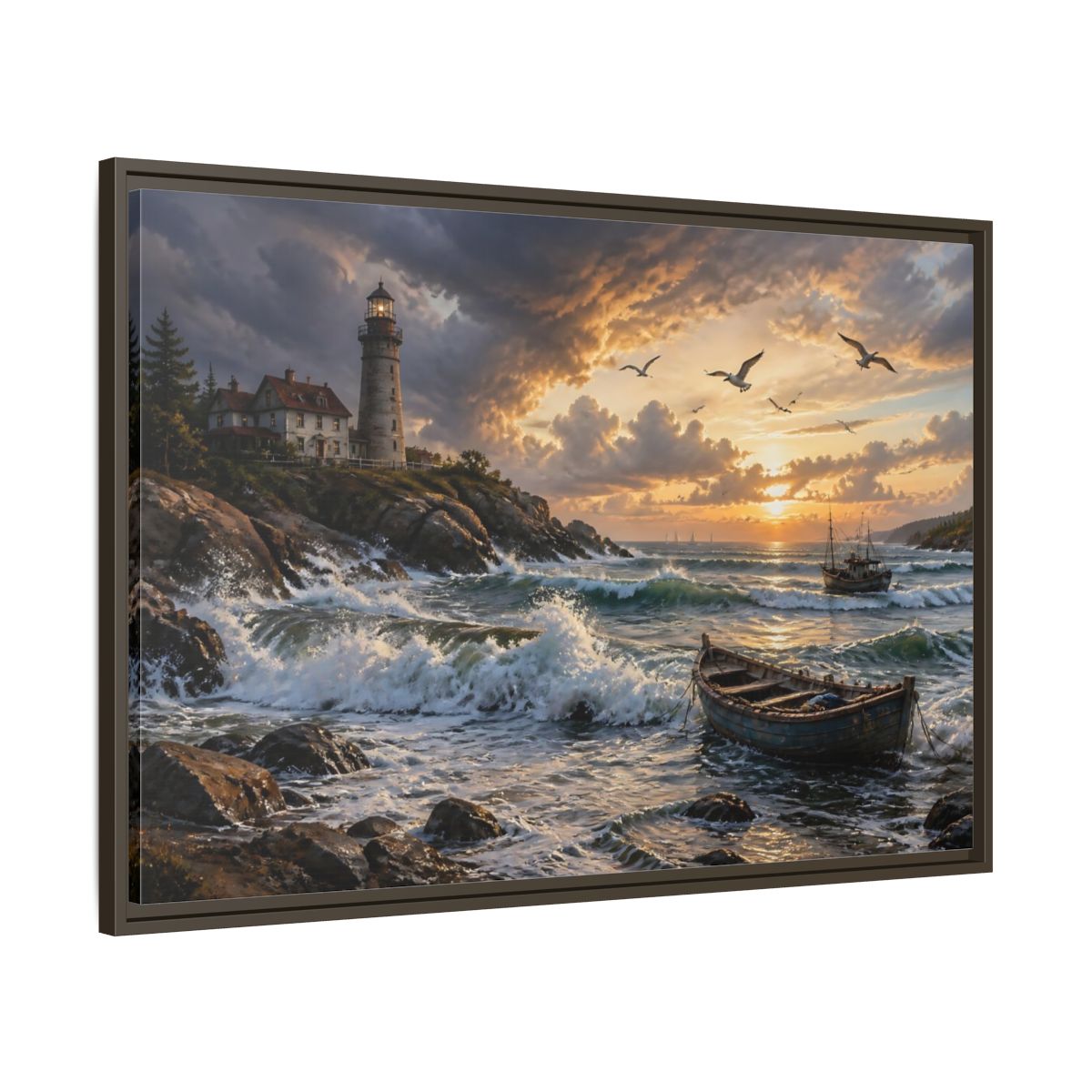 Main Mockup. Coastal Lighthouse At Sunset shown as framed canvas print