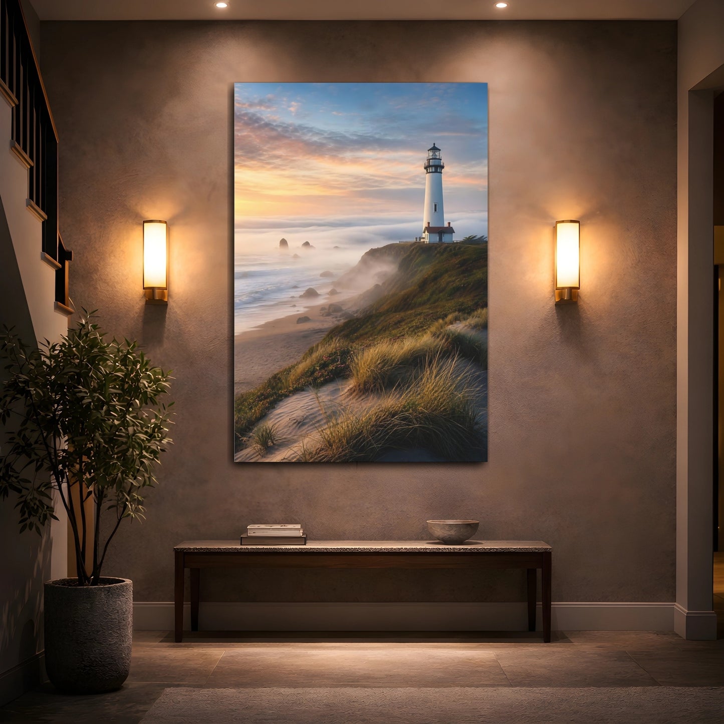 Mockup 2. Coastal Lighthouse At Sunset shown as canvas print