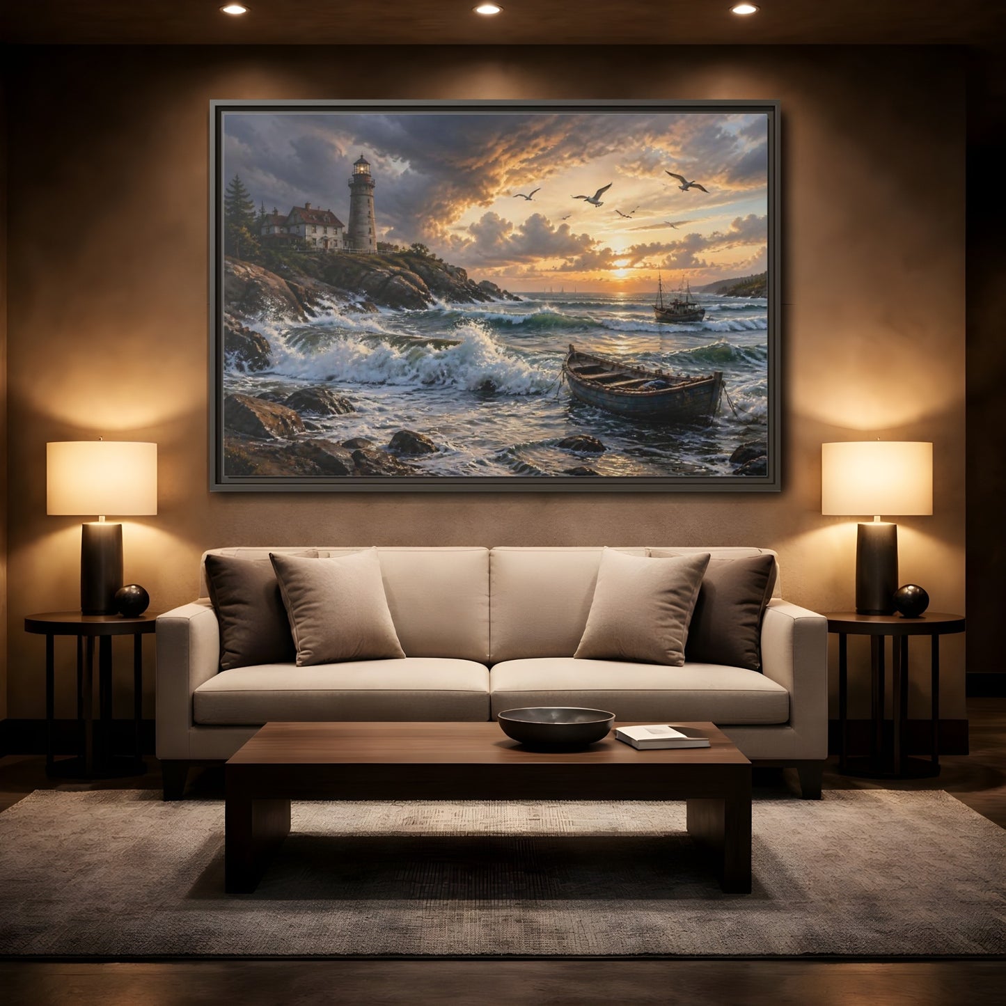 Mockup 2. Coastal Lighthouse At Sunset shown as framed canvas print