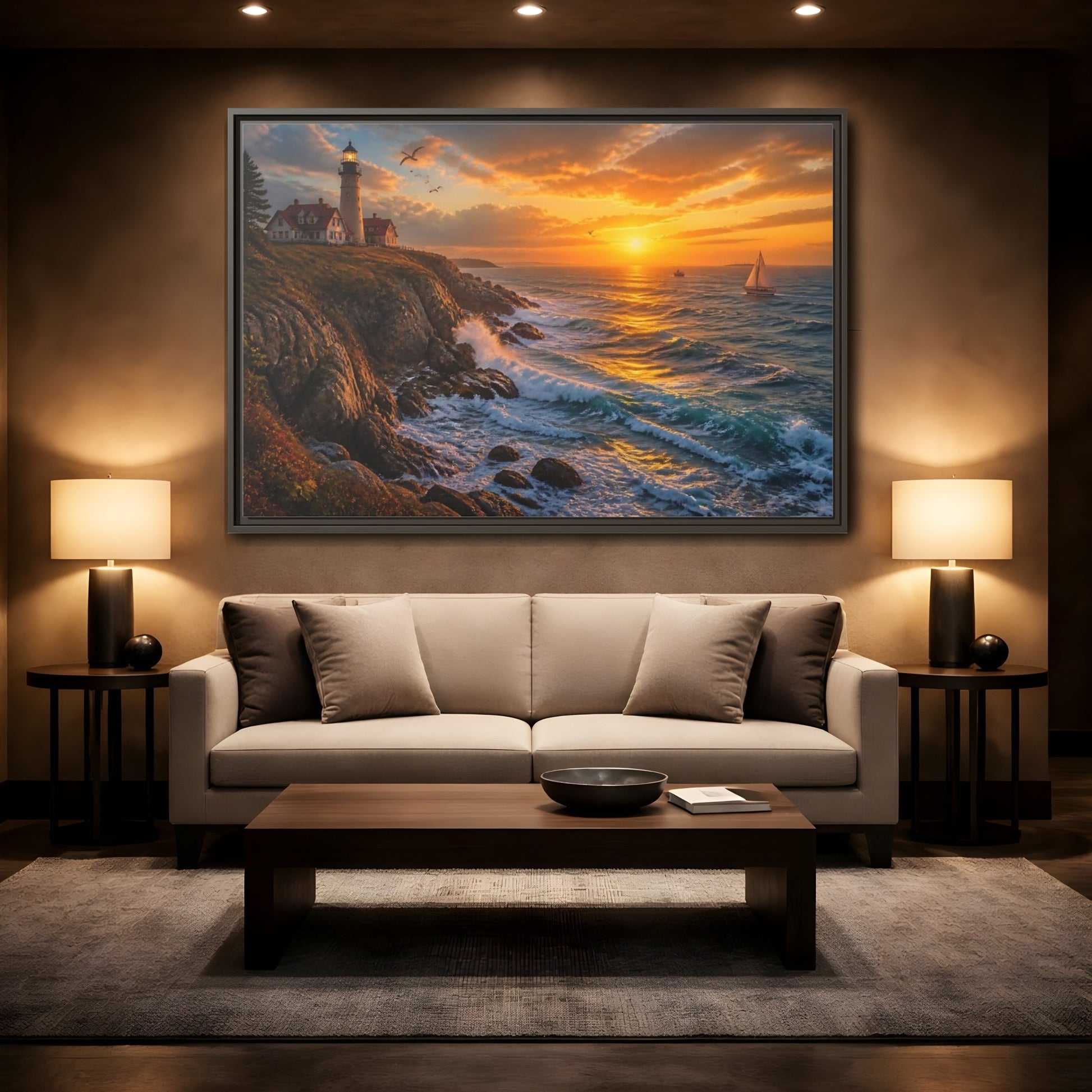Mockup 2. Coastal Lighthouse At Sunset shown as framed canvas print