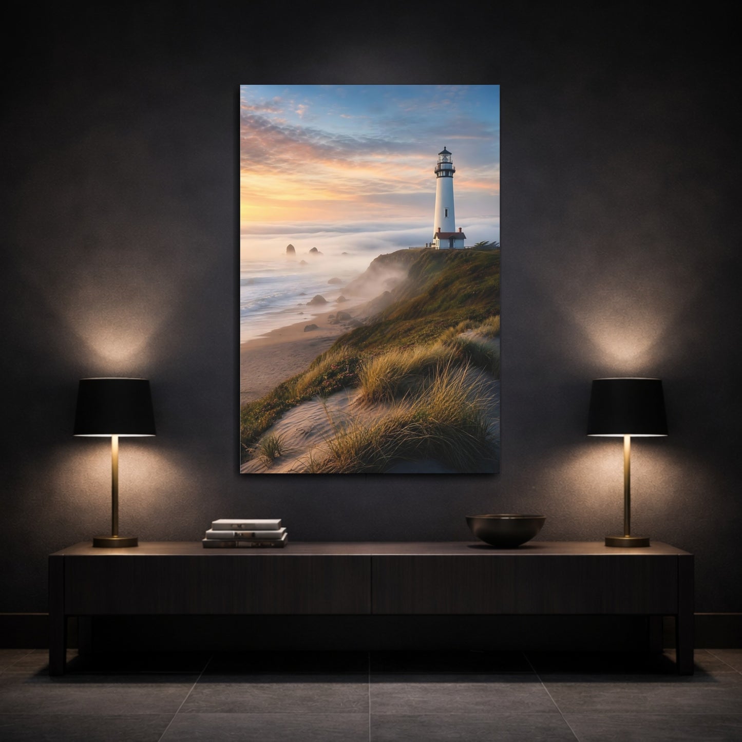 Mockup 3. Coastal Lighthouse At Sunset shown as canvas print