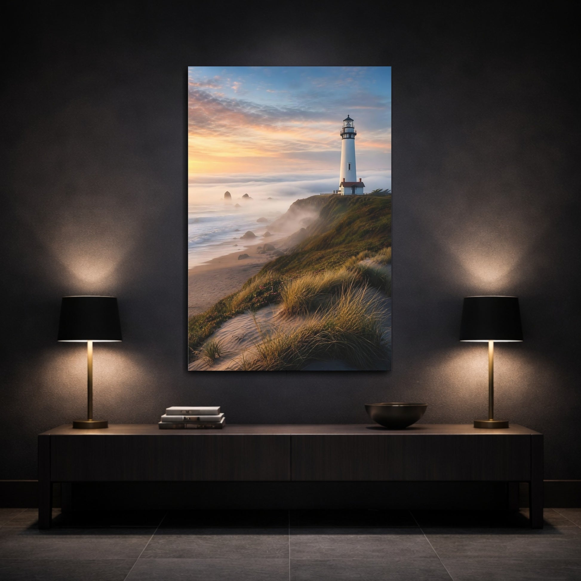 Mockup 3. Coastal Lighthouse At Sunset shown as canvas print