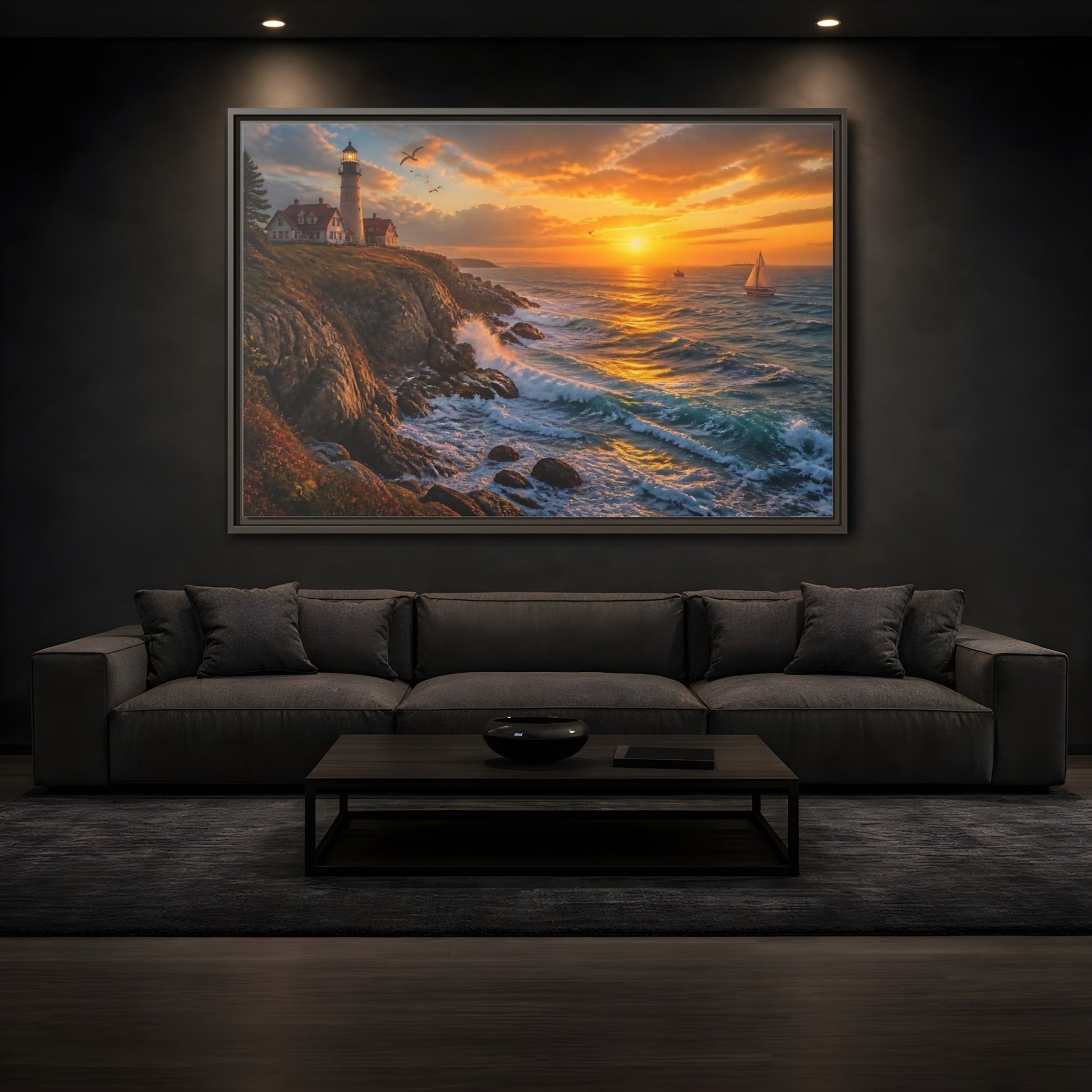 Mockup 3. Coastal Lighthouse At Sunset shown as framed canvas print