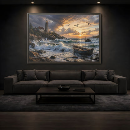 Mockup 3. Coastal Lighthouse At Sunset shown as framed canvas print