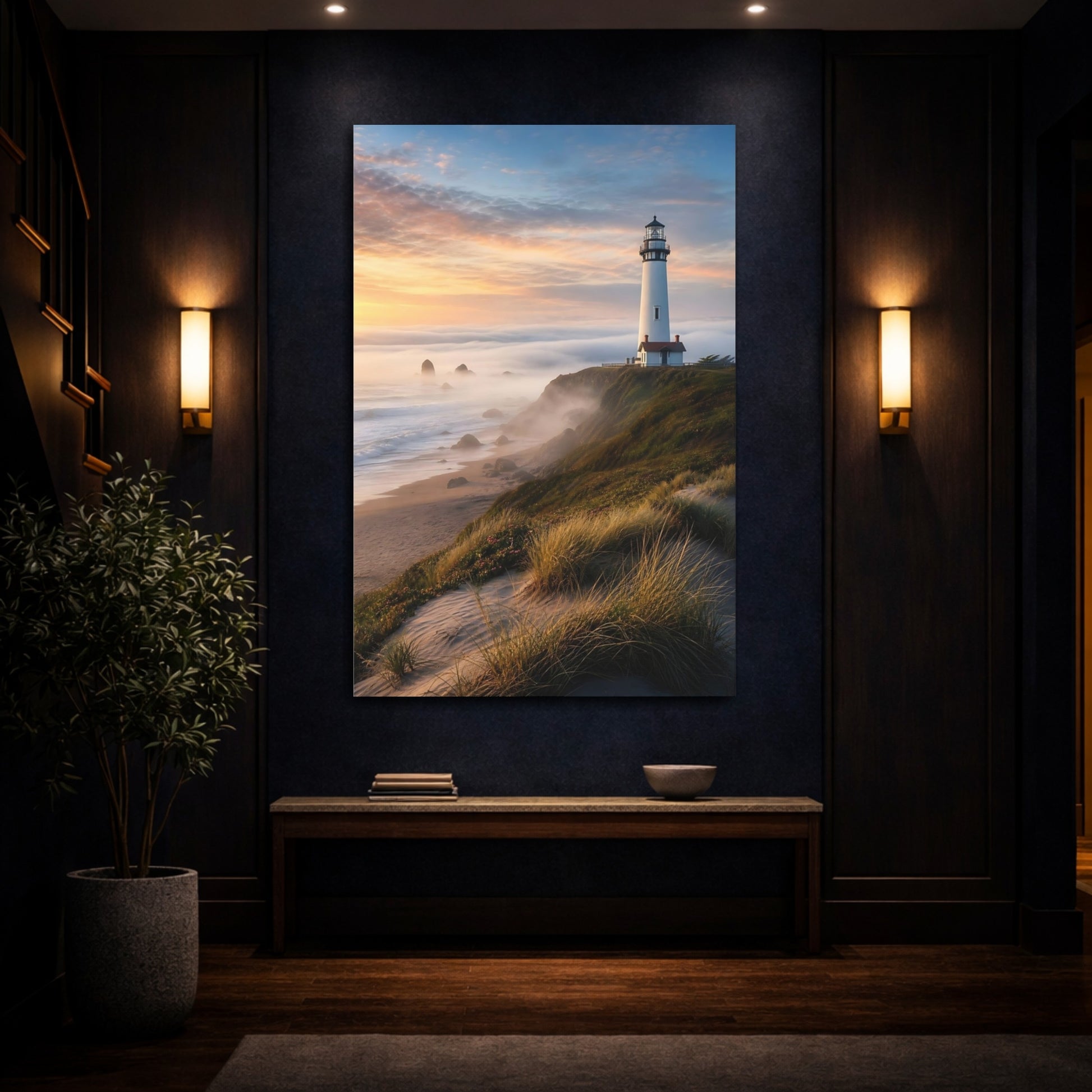 Mockup 4. Coastal Lighthouse At Sunset shown as canvas print