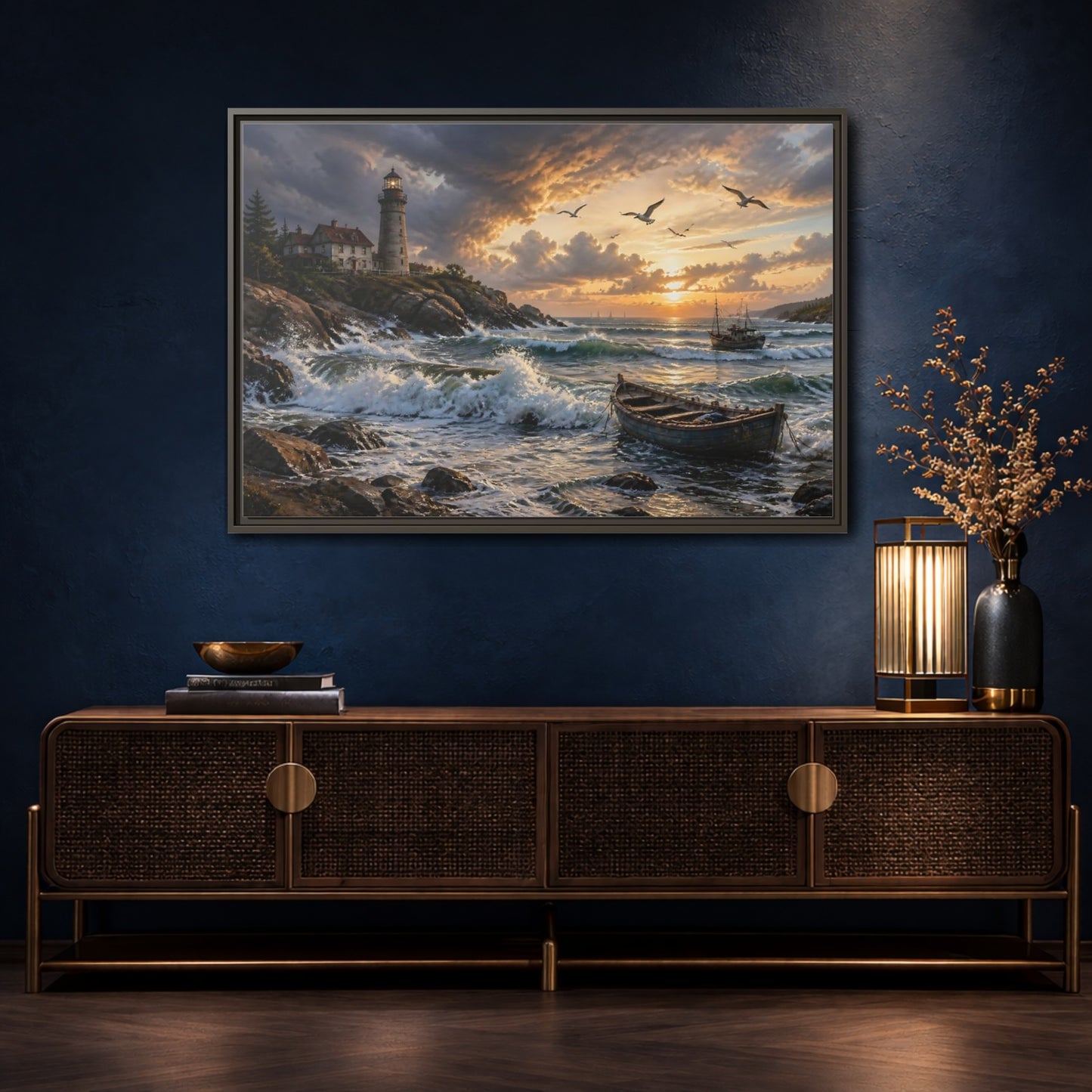 Mockup 4. Coastal Lighthouse At Sunset shown as framed canvas print